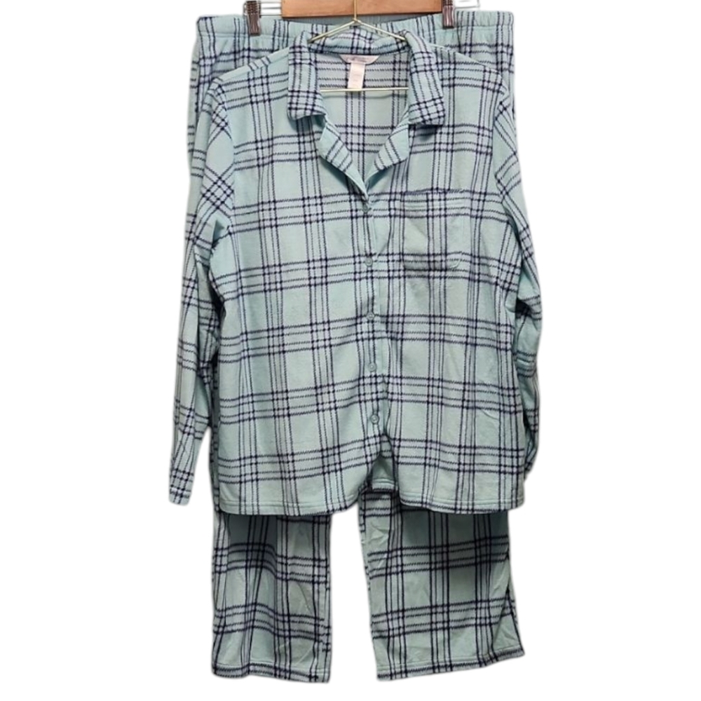 Adonna Sleepwear Plaid Pajama Set in Blue and Mint PXL